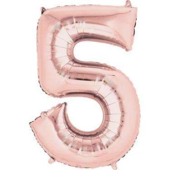 Close-up of a rose gold number 5 helium balloon, perfect for adding a touch of elegance and celebration to any event or party decor.