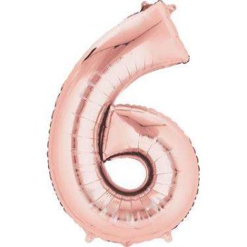 Close-up of a rose gold number 6 helium balloon, perfect for adding a touch of elegance and celebration to any event or party decor.