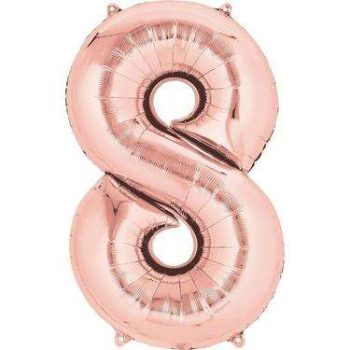 Close-up of a rose gold number 8 helium balloon, perfect for adding a touch of elegance and celebration to any event or party decor.