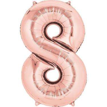 Close-up of a rose gold number 8 helium balloon, perfect for adding a touch of elegance and celebration to any event or party decor.
