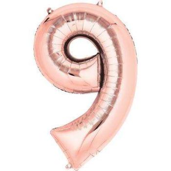 Close-up of a rose gold number 9 helium balloon, perfect for adding a touch of elegance and celebration to any event or party decor.