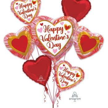 Heart-shaped Valentine's Day balloons with romantic messages and designs.