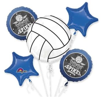 Volleyball-themed balloon bouquet with stars and Spirit logos.