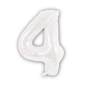Image of a white helium-filled foil number balloon, perfect for celebrations and parties. The balloon is shiny and metallic, with the number '4' prominently displayed.