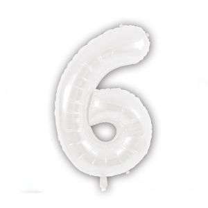 Image of a white helium-filled foil number balloon, perfect for celebrations and parties. The balloon is shiny and metallic, with the number '6' prominently displayed.
