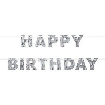 Silver metallic balloons spelling Happy Birthday.