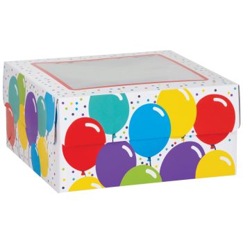 Colorful party balloon-themed cardboard box with a clear window on top.