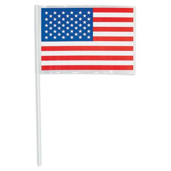 Small American flag on a stick with stars and stripes.