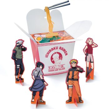 Anime characters stand around a large takeout box with noodles.