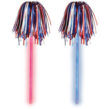 Two colorful pom-poms with pink and blue handles.