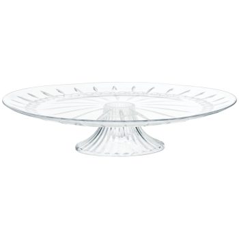 Elegant clear glass pedestal cake stand with ribbed design.