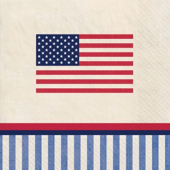 A stylized American flag with red, white, and blue stripes.