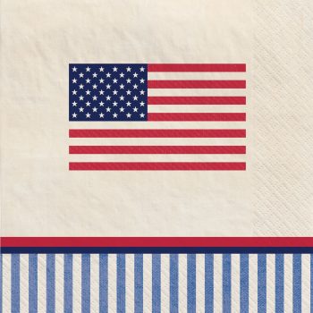 A vintage-style American flag with red, white, and blue stripes below.