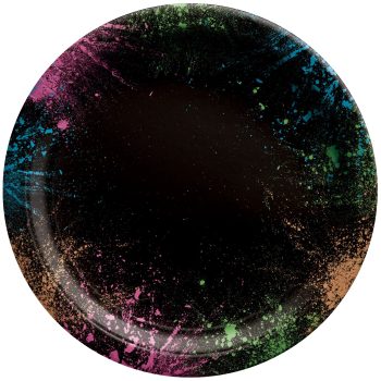 Round plate with a dark, cosmic-inspired design featuring colorful nebula-like patterns.