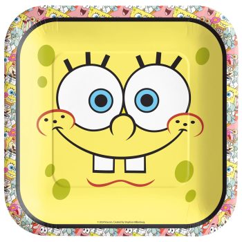 Close-up of a smiling SpongeBob SquarePants face with big blue eyes.