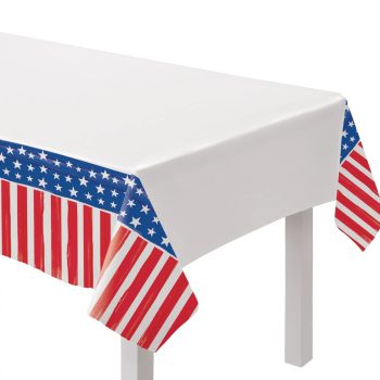 A white tablecloth with American flag-themed corners.