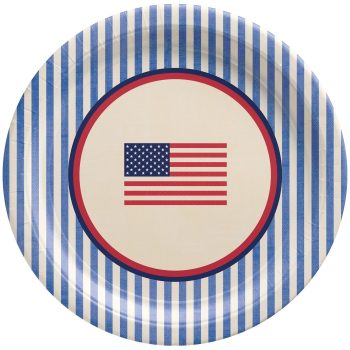 Decorative plate with an American flag at the center and blue striped border.
