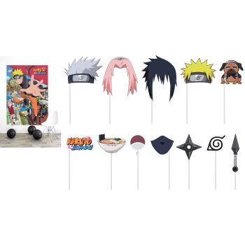 Naruto-themed photo booth props with masks and headbands.