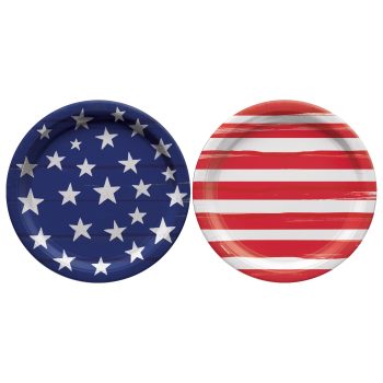 Two round plates featuring the American flag design, one with stars and the other with stripes.