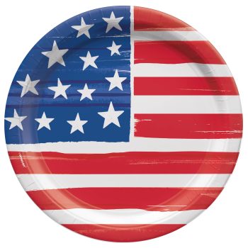 A round plate with an American flag design.