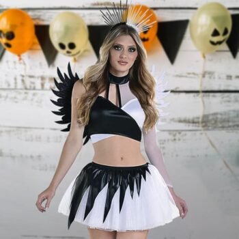 Woman in black and white angel costume.
