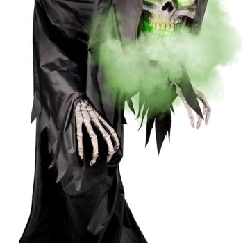 Ghost with glowing eyes and green fog.