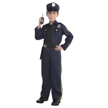 Child in police uniform holding radio.
