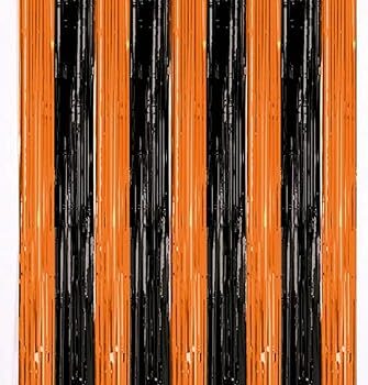 Orange and black striped beaded curtain.