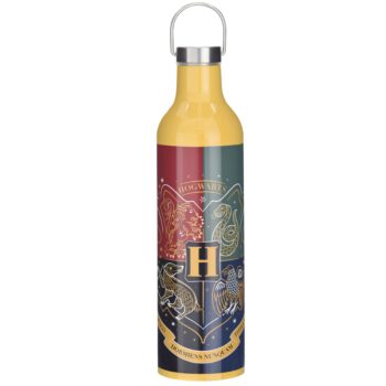 Yellow water bottle with Hogwarts emblem design.