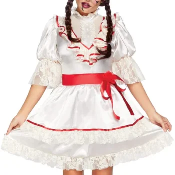 Woman in doll costume with braids.